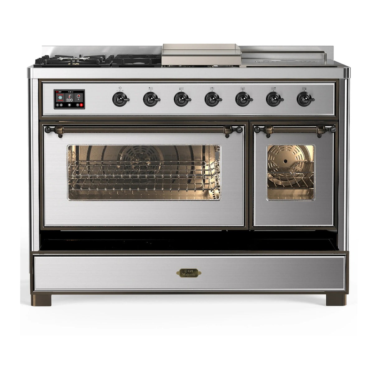ILVE Majestic III 48-inch Dual Fuel Range with 5 Liquid Propane Burner, Griddle, French Top and Triple Glass Door Electric Oven in Stainless Steel with Burnished Trim (UM48FSNR3SSBLP)