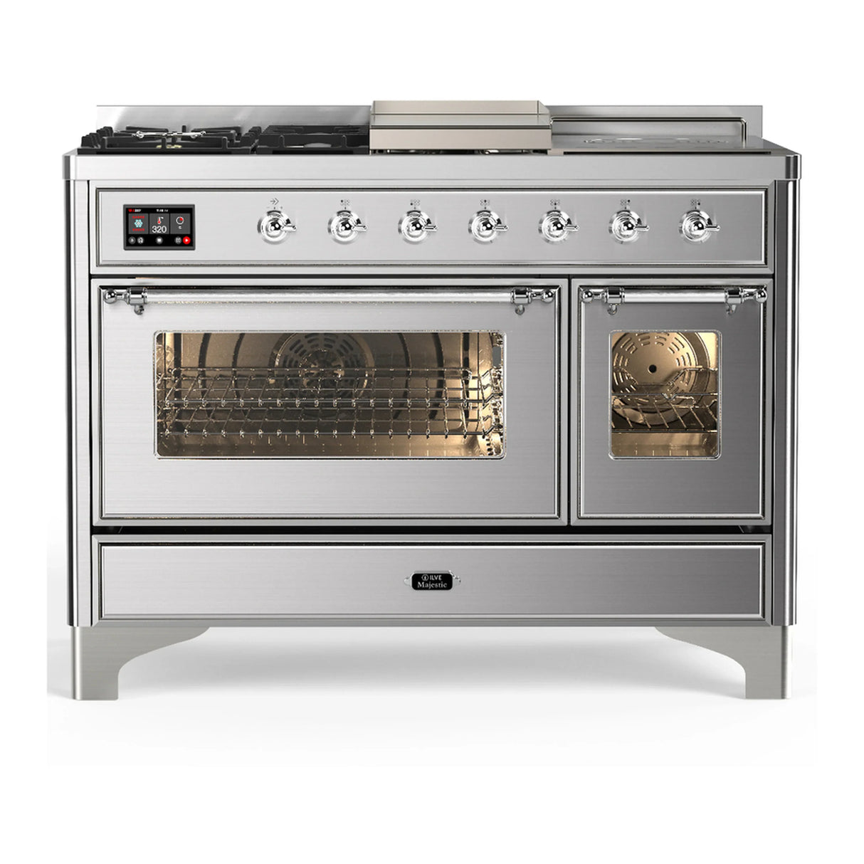 ILVE Majestic III 48-inch Dual Fuel Range with 5 Liquid Propane Burner, Griddle, French Top and Triple Glass Door Electric Oven in Stainless Steel with Chrome Trim (UM48FSNR3SSCLP)