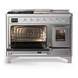 ILVE Majestic III 48-inch Dual Fuel Range with 5 Liquid Propane Burner, Griddle, French Top and Triple Glass Door Electric Oven in Stainless Steel with Chrome Trim (UM48FSNR3SSCLP)