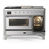 ILVE Majestic III 48-inch Dual Fuel Range with 5 Liquid Propane Burner, Griddle, French Top and Triple Glass Door Electric Oven in Stainless Steel with Chrome Trim (UM48FSNR3SSCLP)