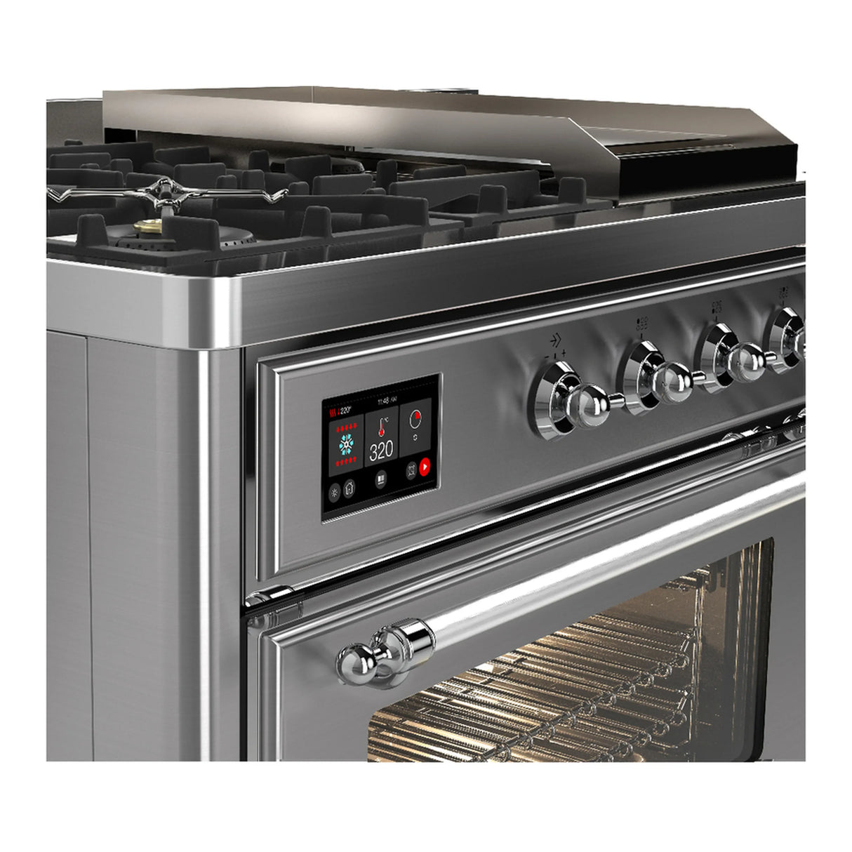 ILVE Majestic III 48-inch Dual Fuel Range with 5 Liquid Propane Burner, Griddle, French Top and Triple Glass Door Electric Oven in Stainless Steel with Chrome Trim (UM48FSNR3SSCLP)