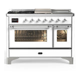 ILVE Majestic III 48-inch Dual Fuel Range with 5 Liquid Propane Burner, Griddle, French Top and Triple Glass Door Electric Oven in White with Chrome Trim (UM48FSNR3WHCLP)