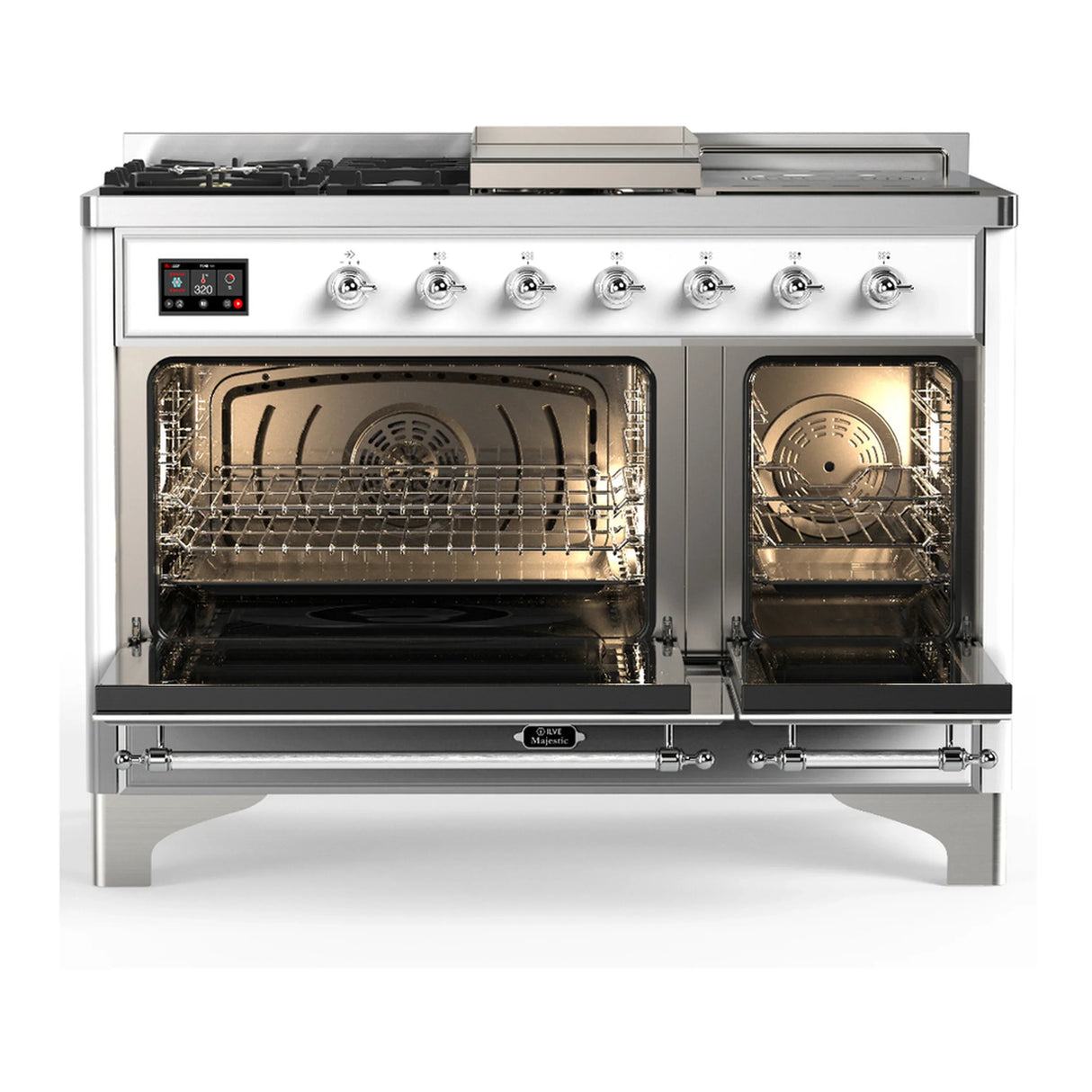 ILVE Majestic III 48-inch Dual Fuel Range with 5 Liquid Propane Burner, Griddle, French Top and Triple Glass Door Electric Oven in White with Chrome Trim (UM48FSNR3WHCLP)