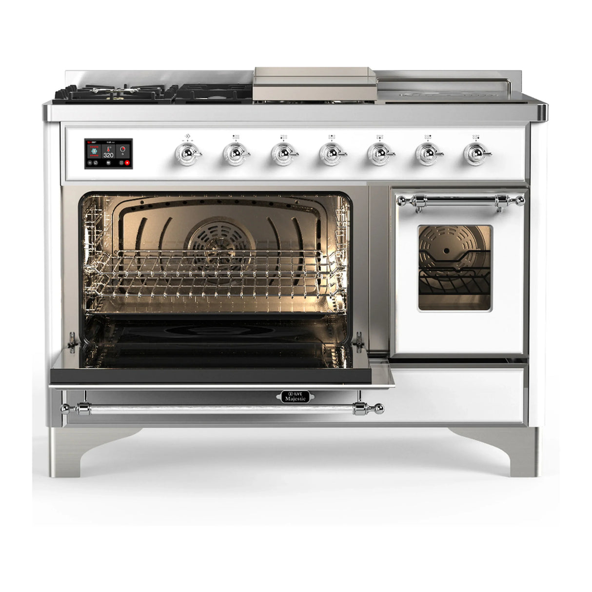 ILVE Majestic III 48-inch Dual Fuel Range with 5 Liquid Propane Burner, Griddle, French Top and Triple Glass Door Electric Oven in White with Chrome Trim (UM48FSNR3WHCLP)