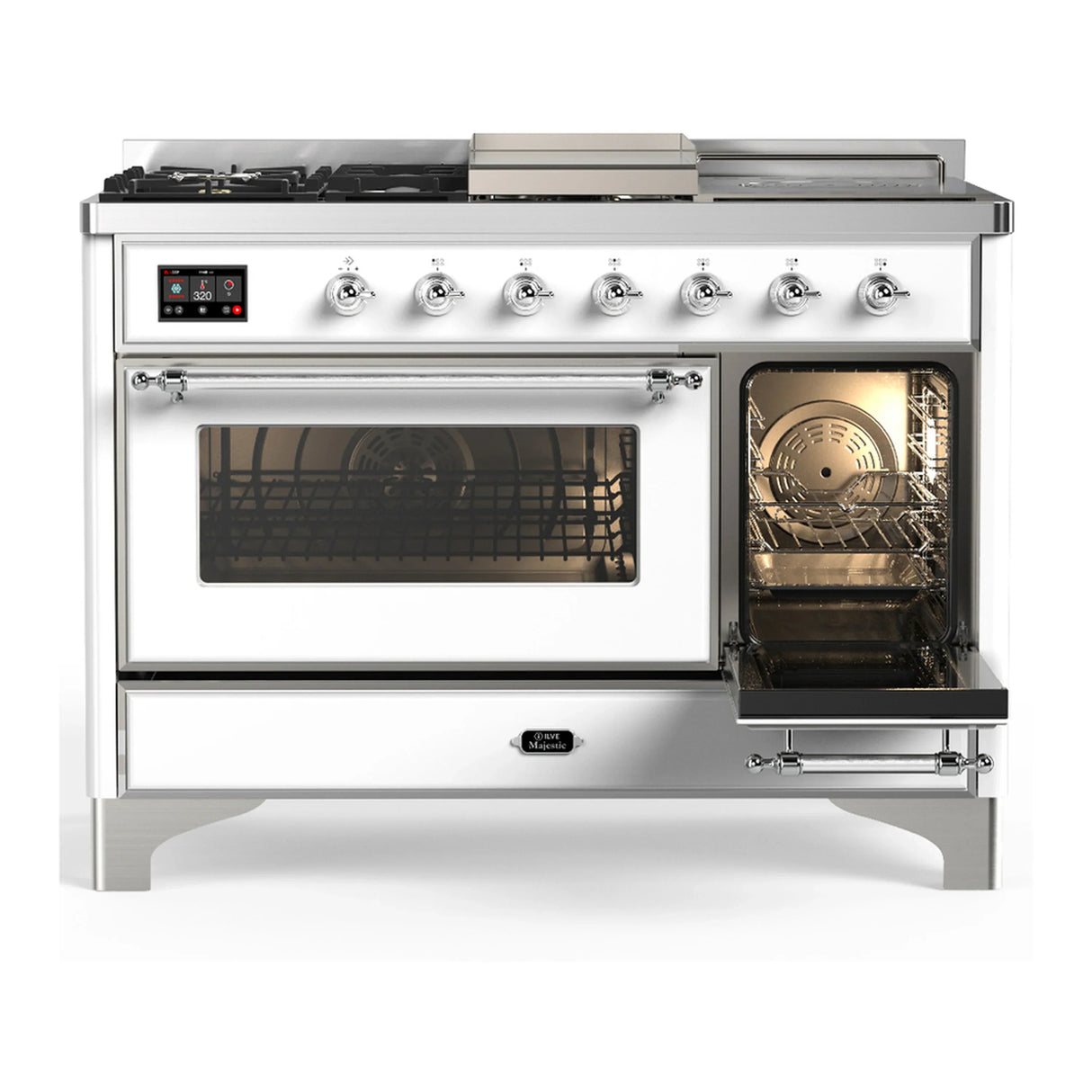 ILVE Majestic III 48-inch Dual Fuel Range with 5 Liquid Propane Burner, Griddle, French Top and Triple Glass Door Electric Oven in White with Chrome Trim (UM48FSNR3WHCLP)