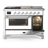 ILVE Majestic III 48-inch Dual Fuel Range with 5 Liquid Propane Burner, Griddle, French Top and Triple Glass Door Electric Oven in White with Chrome Trim (UM48FSNR3WHCLP)