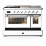 ILVE Majestic III 48-inch Dual Fuel Range with 5 Liquid Propane Burner, Griddle, French Top and Triple Glass Door Electric Oven in White with Chrome Trim (UM48FSNR3WHCLP)