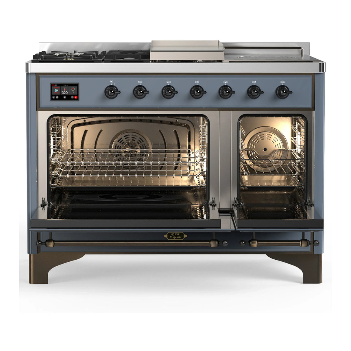 ILVE Majestic III 48-inch Dual Fuel Range with 5 Natural Gas Burner, Griddle, French Top and Solid Door Electric Oven in Blue Grey with Burnished Trim (UM48FSQNR3BGB)