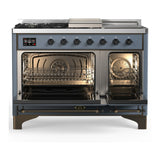 ILVE Majestic III 48-inch Dual Fuel Range with 5 Natural Gas Burner, Griddle, French Top and Solid Door Electric Oven in Blue Grey with Burnished Trim (UM48FSQNR3BGB)