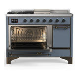 ILVE Majestic III 48-inch Dual Fuel Range with 5 Natural Gas Burner, Griddle, French Top and Solid Door Electric Oven in Blue Grey with Burnished Trim (UM48FSQNR3BGB)