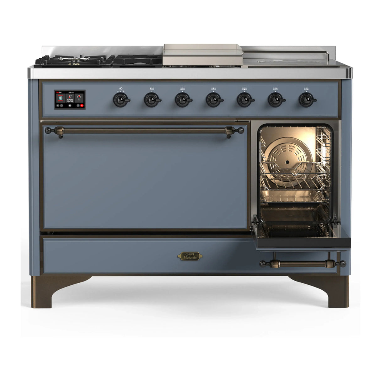 ILVE Majestic III 48-inch Dual Fuel Range with 5 Natural Gas Burner, Griddle, French Top and Solid Door Electric Oven in Blue Grey with Burnished Trim (UM48FSQNR3BGB)