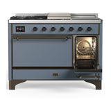 ILVE Majestic III 48-inch Dual Fuel Range with 5 Natural Gas Burner, Griddle, French Top and Solid Door Electric Oven in Blue Grey with Burnished Trim (UM48FSQNR3BGB)