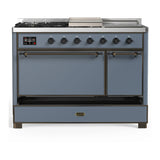 ILVE Majestic III 48-inch Dual Fuel Range with 5 Natural Gas Burner, Griddle, French Top and Solid Door Electric Oven in Blue Grey with Burnished Trim (UM48FSQNR3BGB)