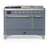 ILVE Majestic III 48-inch Dual Fuel Range with 5 Natural Gas Burner, Griddle, French Top and Solid Door Electric Oven in Blue Grey with Chrome Trim (UM48FSQNR3BGC)