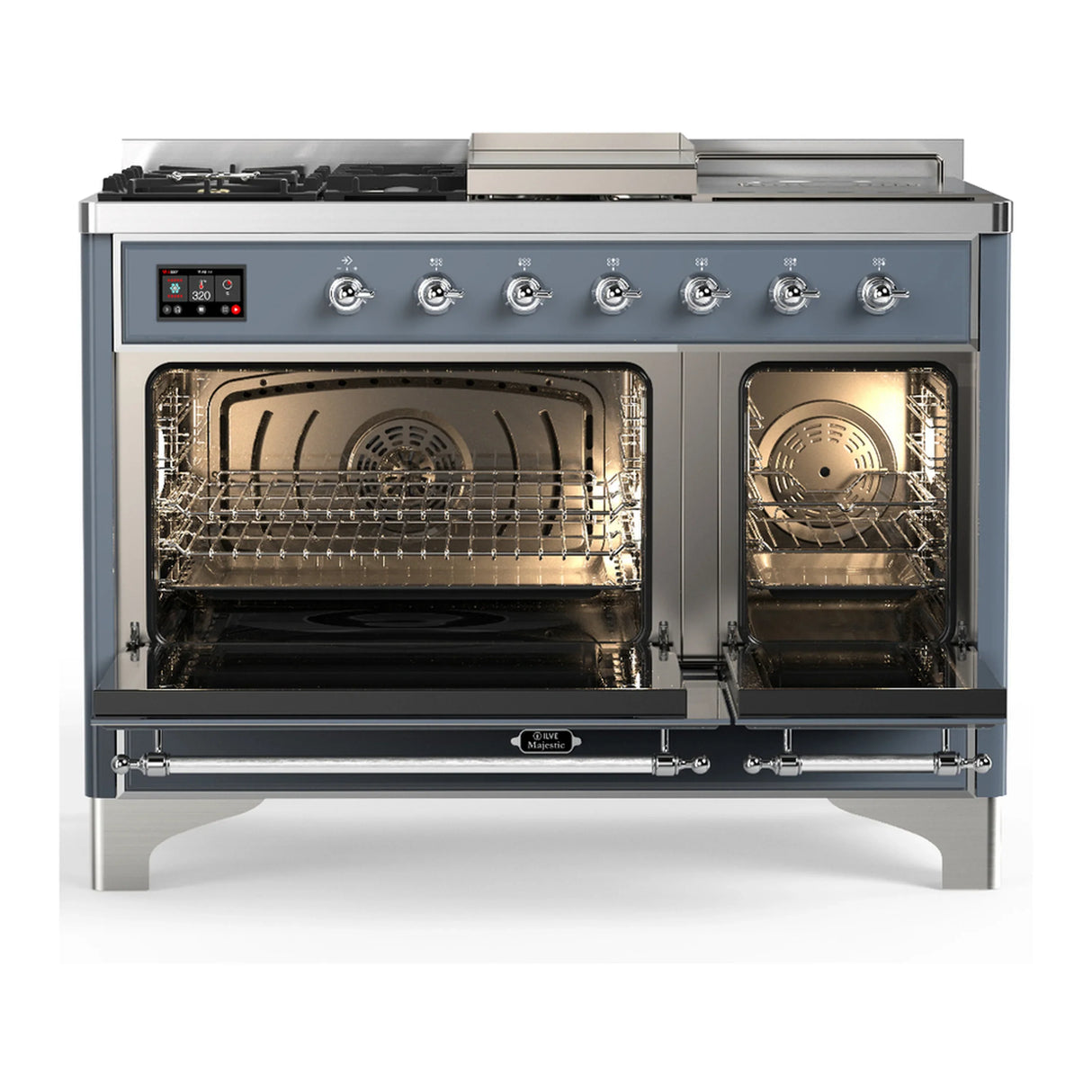 ILVE Majestic III 48-inch Dual Fuel Range with 5 Liquid Propane Burner, Griddle, French Top and Solid Door Electric Oven in Blue Grey with Chrome Trim (UM48FSQNR3BGCLP)