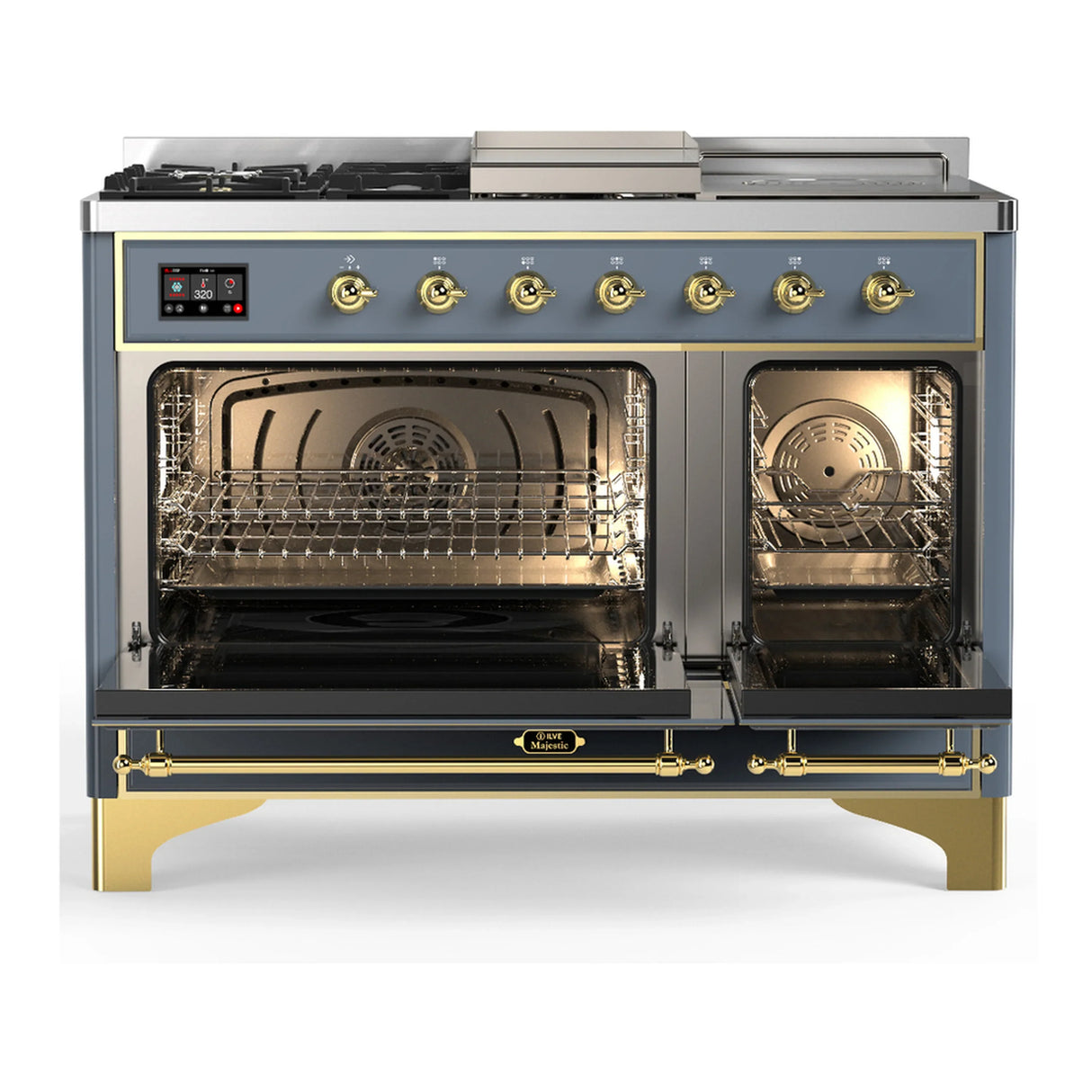 ILVE Majestic III 48-inch Dual Fuel Range with 5 Liquid Propane Burner, Griddle, French Top and Solid Door Electric Oven in Blue Grey with Brass Trim (UM48FSQNR3BGGLP)
