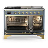 ILVE Majestic III 48-inch Dual Fuel Range with 5 Liquid Propane Burner, Griddle, French Top and Solid Door Electric Oven in Blue Grey with Brass Trim (UM48FSQNR3BGGLP)