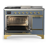 ILVE Majestic III 48-inch Dual Fuel Range with 5 Liquid Propane Burner, Griddle, French Top and Solid Door Electric Oven in Blue Grey with Brass Trim (UM48FSQNR3BGGLP)