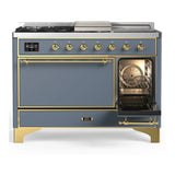 ILVE Majestic III 48-inch Dual Fuel Range with 5 Liquid Propane Burner, Griddle, French Top and Solid Door Electric Oven in Blue Grey with Brass Trim (UM48FSQNR3BGGLP)