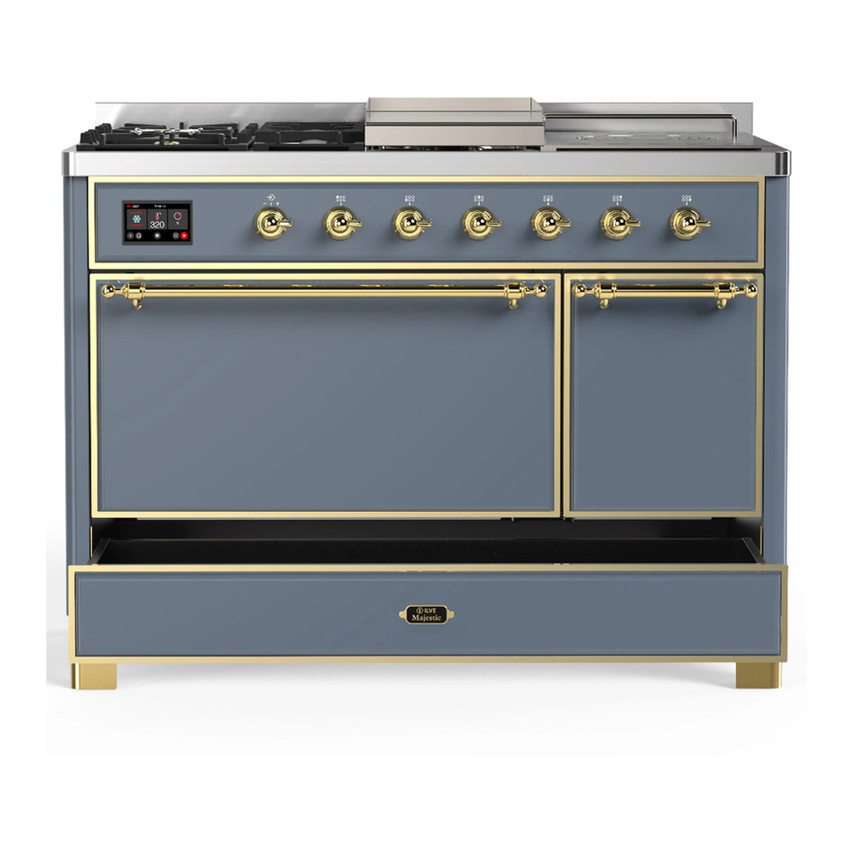 ILVE Majestic III 48-inch Dual Fuel Range with 5 Liquid Propane Burner, Griddle, French Top and Solid Door Electric Oven in Blue Grey with Brass Trim (UM48FSQNR3BGGLP)
