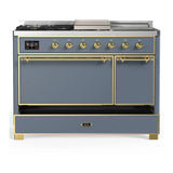ILVE Majestic III 48-inch Dual Fuel Range with 5 Liquid Propane Burner, Griddle, French Top and Solid Door Electric Oven in Blue Grey with Brass Trim (UM48FSQNR3BGGLP)
