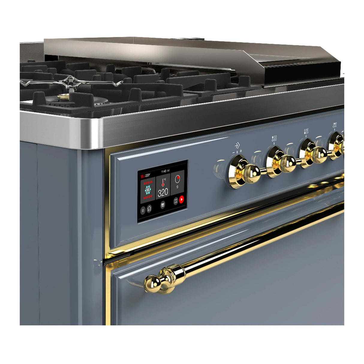 ILVE Majestic III 48-inch Dual Fuel Range with 5 Liquid Propane Burner, Griddle, French Top and Solid Door Electric Oven in Blue Grey with Brass Trim (UM48FSQNR3BGGLP)