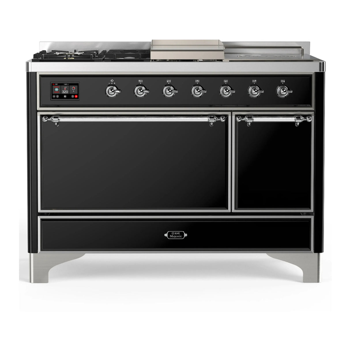 ILVE Majestic III 48-inch Dual Fuel Range with 5 Natural Gas Burner, Griddle, French Top and Solid Door Electric Oven in Glossy Black with Chrome Trim (UM48FSQNR3BKC)