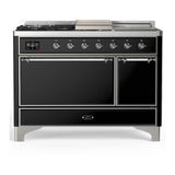ILVE Majestic III 48-inch Dual Fuel Range with 5 Natural Gas Burner, Griddle, French Top and Solid Door Electric Oven in Glossy Black with Chrome Trim (UM48FSQNR3BKC)