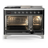 ILVE Majestic III 48-inch Dual Fuel Range with 5 Natural Gas Burner, Griddle, French Top and Solid Door Electric Oven in Glossy Black with Chrome Trim (UM48FSQNR3BKC)