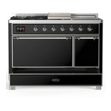 ILVE Majestic III 48-inch Dual Fuel Range with 5 Natural Gas Burner, Griddle, French Top and Solid Door Electric Oven in Glossy Black with Chrome Trim (UM48FSQNR3BKC)