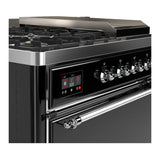ILVE Majestic III 48-inch Dual Fuel Range with 5 Natural Gas Burner, Griddle, French Top and Solid Door Electric Oven in Glossy Black with Chrome Trim (UM48FSQNR3BKC)