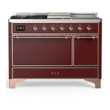 ILVE Majestic III 48-inch Dual Fuel Range with 5 Liquid Propane Burner, Griddle, French Top and Solid Door Electric Oven in Burgundy with Copper Trim (UM48FSQNR3BUPLP)