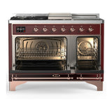 ILVE Majestic III 48-inch Dual Fuel Range with 5 Liquid Propane Burner, Griddle, French Top and Solid Door Electric Oven in Burgundy with Copper Trim (UM48FSQNR3BUPLP)