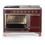 ILVE Majestic III 48-inch Dual Fuel Range with 5 Liquid Propane Burner, Griddle, French Top and Solid Door Electric Oven in Burgundy with Copper Trim (UM48FSQNR3BUPLP)