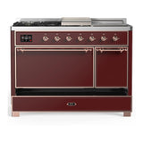 ILVE Majestic III 48-inch Dual Fuel Range with 5 Liquid Propane Burner, Griddle, French Top and Solid Door Electric Oven in Burgundy with Copper Trim (UM48FSQNR3BUPLP)