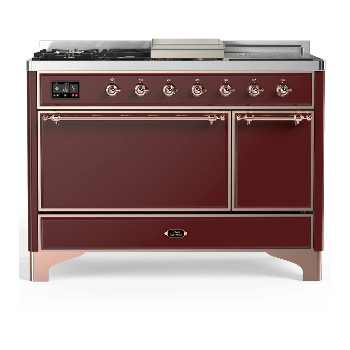 ILVE Majestic III 48-inch Dual Fuel Range with 5 Natural Gas Burner, Griddle, French Top and Solid Door Electric Oven in Burgundy with Copper Trim (UM48FSQNR3BUP)