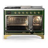 ILVE Majestic III 48-inch Dual Fuel Range with 5 Natural Gas Burner, Griddle, French Top and Solid Door Electric Oven in Emerald Green with Brass Trim (UM48FSQNR3EGG)