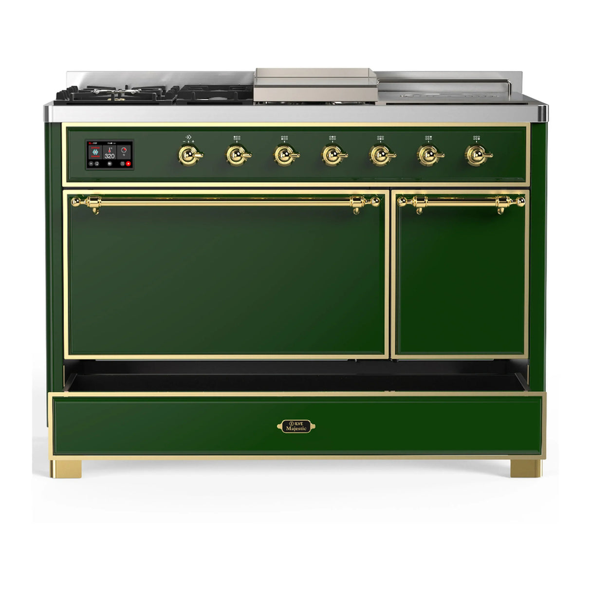 ILVE Majestic III 48-inch Dual Fuel Range with 5 Natural Gas Burner, Griddle, French Top and Solid Door Electric Oven in Emerald Green with Brass Trim (UM48FSQNR3EGG)