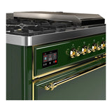 ILVE Majestic III 48-inch Dual Fuel Range with 5 Natural Gas Burner, Griddle, French Top and Solid Door Electric Oven in Emerald Green with Brass Trim (UM48FSQNR3EGG)