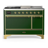 ILVE Majestic III 48-inch Dual Fuel Range with 5 Natural Gas Burner, Griddle, French Top and Solid Door Electric Oven in Emerald Green with Brass Trim (UM48FSQNR3EGG)
