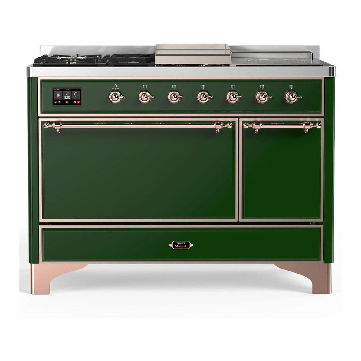 ILVE Majestic III 48-inch Dual Fuel Range with 5 Natural Gas Burner, Griddle, French Top and Solid Door Electric Oven in Emerald Green with Copper Trim (UM48FSQNR3EGP)
