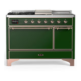 ILVE Majestic III 48-inch Dual Fuel Range with 5 Natural Gas Burner, Griddle, French Top and Solid Door Electric Oven in Emerald Green with Copper Trim (UM48FSQNR3EGP)