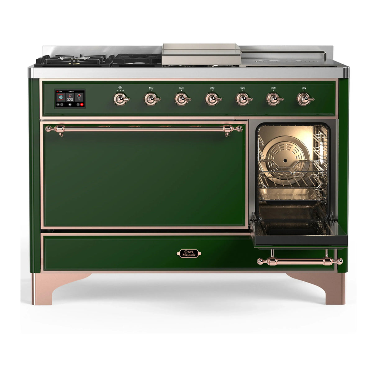 ILVE Majestic III 48-inch Dual Fuel Range with 5 Natural Gas Burner, Griddle, French Top and Solid Door Electric Oven in Emerald Green with Copper Trim (UM48FSQNR3EGP)