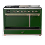 ILVE Majestic III 48-inch Dual Fuel Range with 5 Natural Gas Burner, Griddle, French Top and Solid Door Electric Oven in Emerald Green with Copper Trim (UM48FSQNR3EGP)
