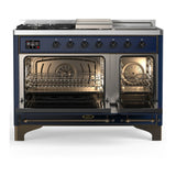 ILVE Majestic III 48-inch Dual Fuel Range with 5 Liquid Propane Burner, Griddle, French Top and Solid Door Electric Oven in Midnight Blue with Burnished Trim (UM48FSQNR3MBBLP)