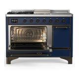 ILVE Majestic III 48-inch Dual Fuel Range with 5 Liquid Propane Burner, Griddle, French Top and Solid Door Electric Oven in Midnight Blue with Burnished Trim (UM48FSQNR3MBBLP)