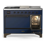 ILVE Majestic III 48-inch Dual Fuel Range with 5 Liquid Propane Burner, Griddle, French Top and Solid Door Electric Oven in Midnight Blue with Burnished Trim (UM48FSQNR3MBBLP)