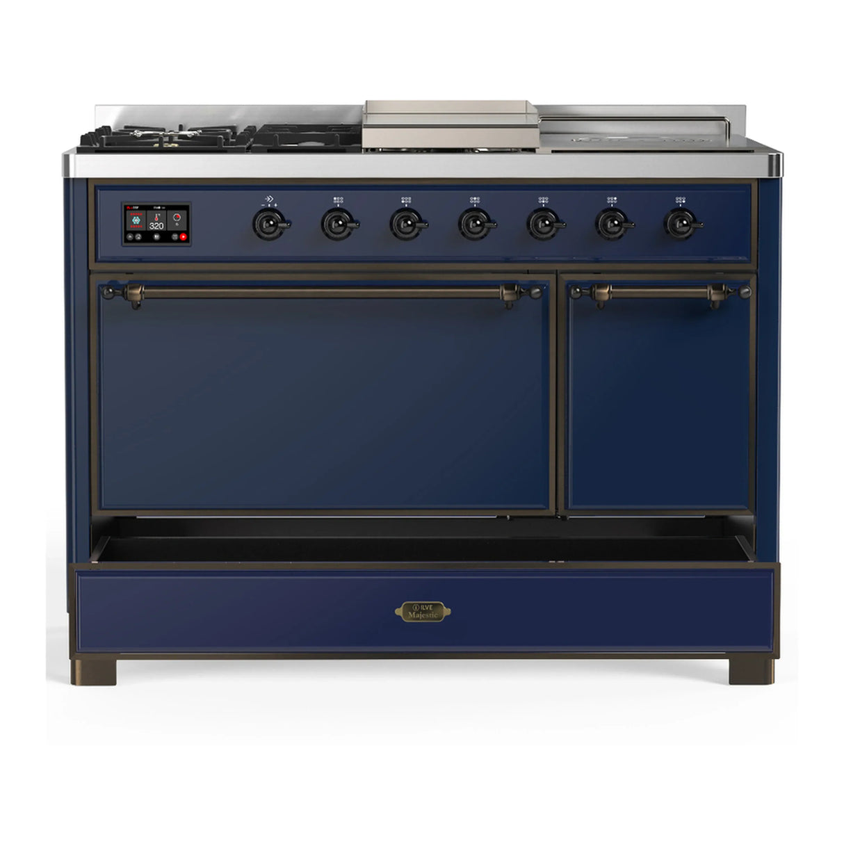ILVE Majestic III 48-inch Dual Fuel Range with 5 Natural Gas Burner, Griddle, French Top and Solid Door Electric Oven in Midnight Blue with Burnished Trim (UM48FSQNR3MBB)