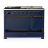 ILVE Majestic III 48-inch Dual Fuel Range with 5 Natural Gas Burner, Griddle, French Top and Solid Door Electric Oven in Midnight Blue with Burnished Trim (UM48FSQNR3MBB)