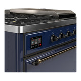 ILVE Majestic III 48-inch Dual Fuel Range with 5 Natural Gas Burner, Griddle, French Top and Solid Door Electric Oven in Midnight Blue with Burnished Trim (UM48FSQNR3MBB)
